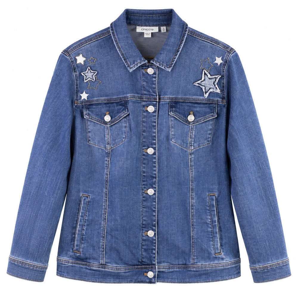 Chicos Star Applique Denim Jacket Blue Medium Wash Patriotic Stripes Size 3 XL